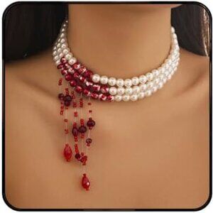 Bloody Pearls Vampire Necklace  4 Layers of Pearls & Bright Red Drop